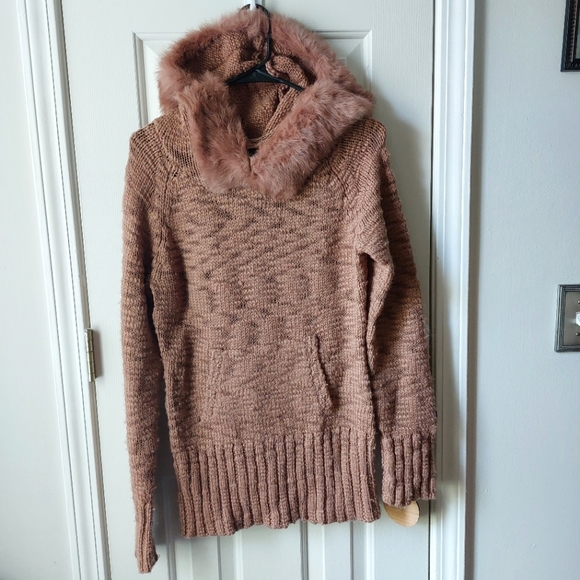 bebe Sweaters - Bebe - Brown Wool Soft Hoodie Sweater with Rabbit Fur Collar & Hood Trim